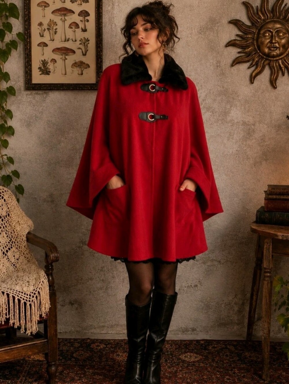 Vintage 90s Red Cape Poncho Cloak Black Faux Fur Fleece One Size Halloween